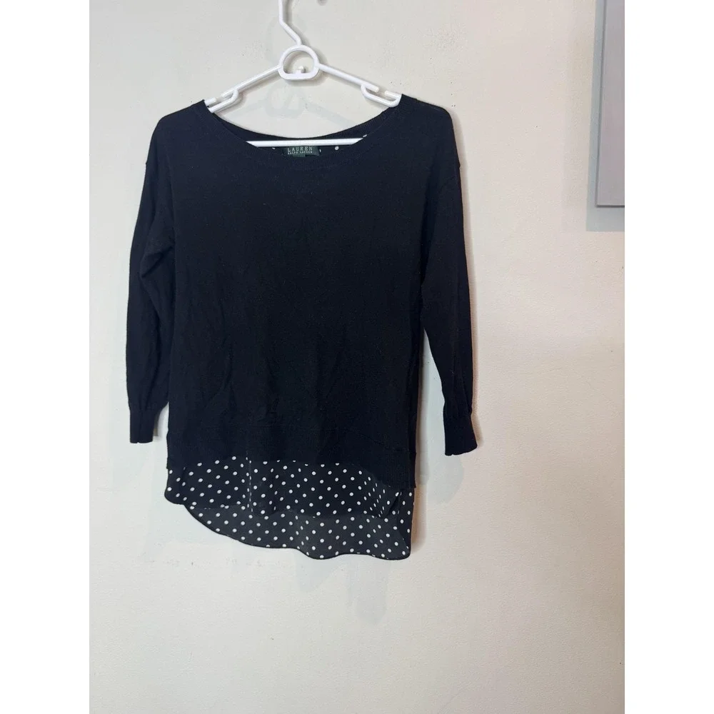 Lauren Ralph Lauren Sweater Womens XS Black Polka Dot Hem 3/4 Sleeve‎ Knit